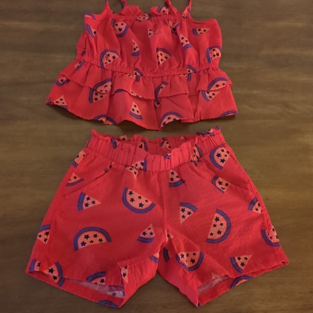 Girls Red watermelon summer matching ruffle sleeves top & short set size 5T NEW
